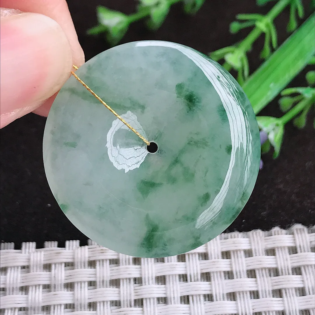 自然光33.8/5.4老坑冰胶果冻冰飘花平安扣吊坠翡翠玉坠挂件百搭