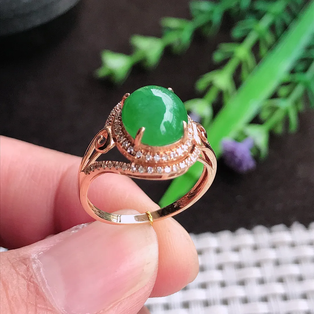 自然光16.3/8.7/7.8老坑18k金镶嵌冰润满阳绿戒指翡翠玉戒女款
