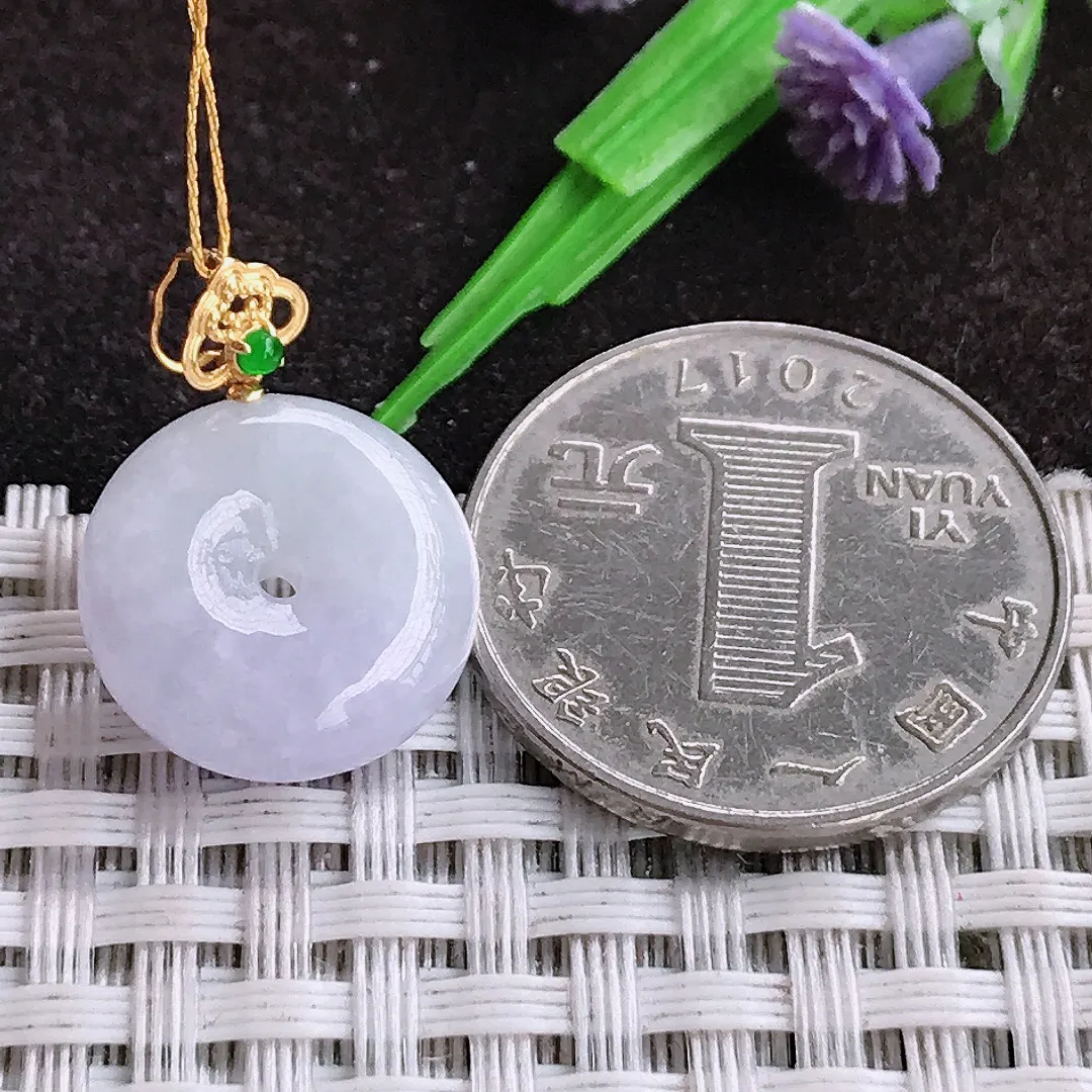 自然光15.5/5.4老坑18k金镶嵌秀气紫罗兰小平安扣吊坠翡翠玉坠挂件百搭