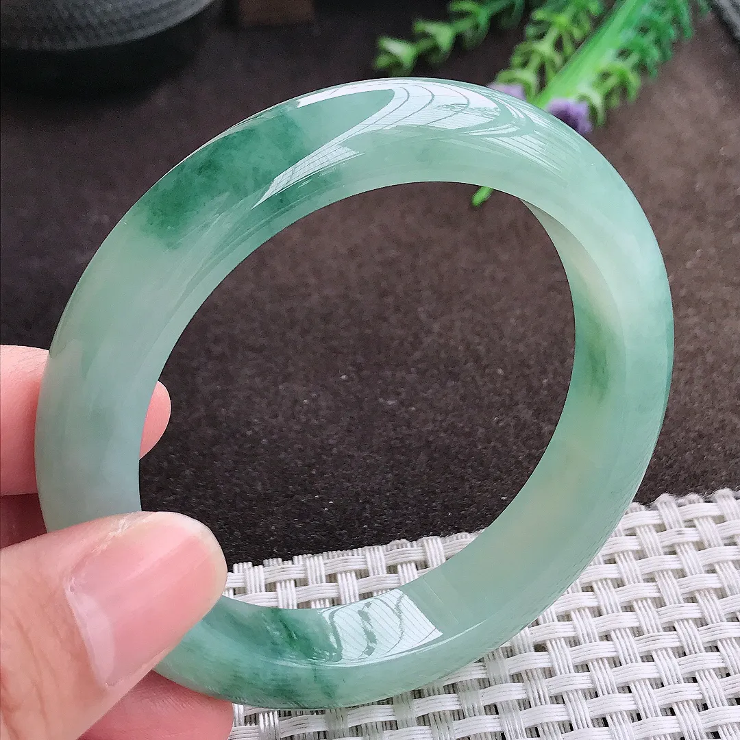 自然光58/12.5/9老坑冰胶果冻飘花手镯宽边翡翠玉镯美人镯