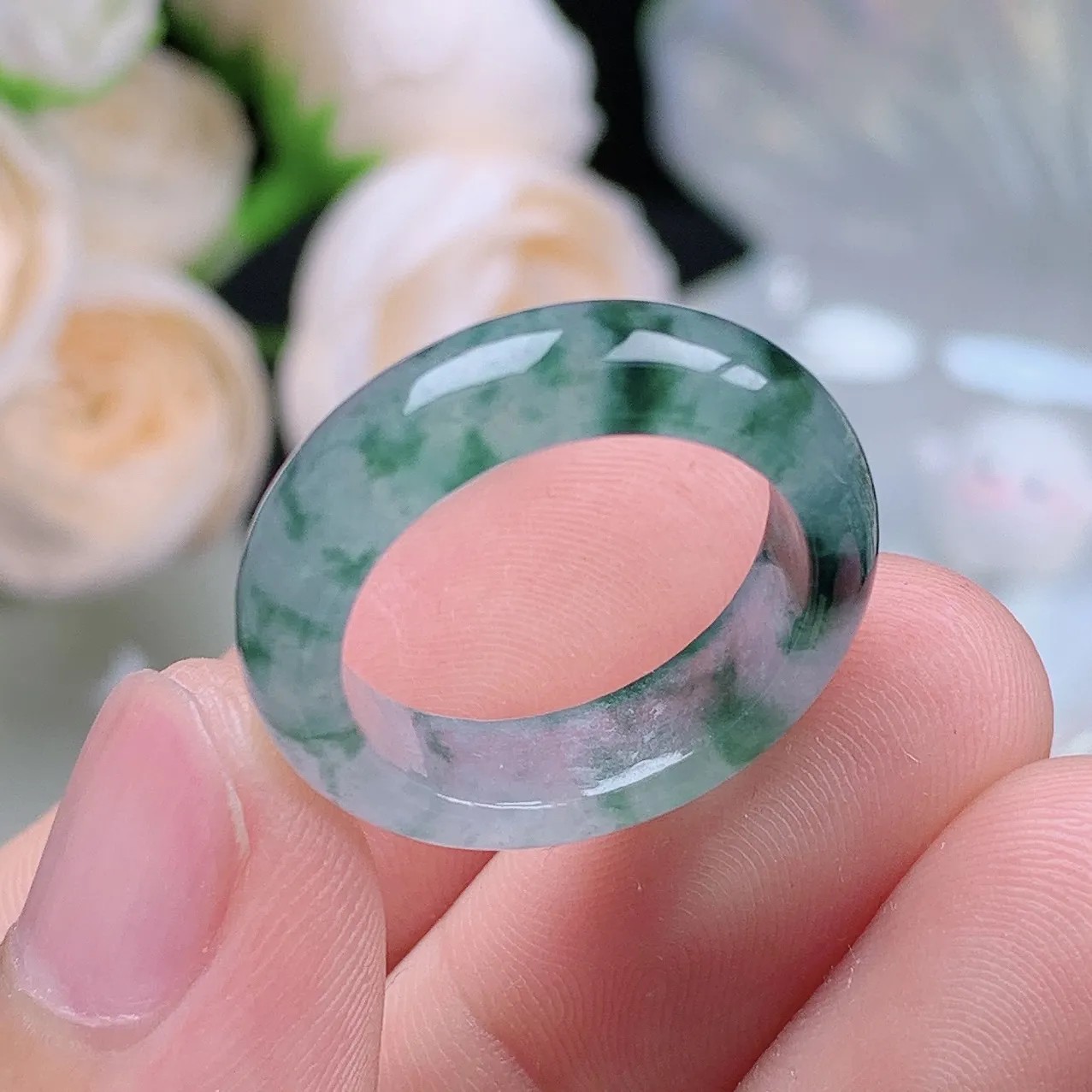 缅甸翡翠老坑冰种翡翠水润起胶飘花戒指玉指环  水润通透 尺寸：17.5-5.7-3.5mm 15-16号圈口1S