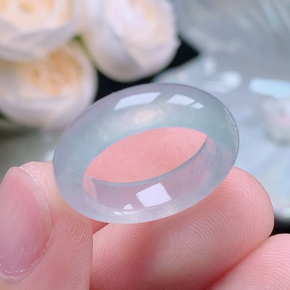 缅甸老坑冰种水润起胶白月光戒指玉指环  水润通透 尺寸：16.4-5.7-3.6mm 12号圈口2S