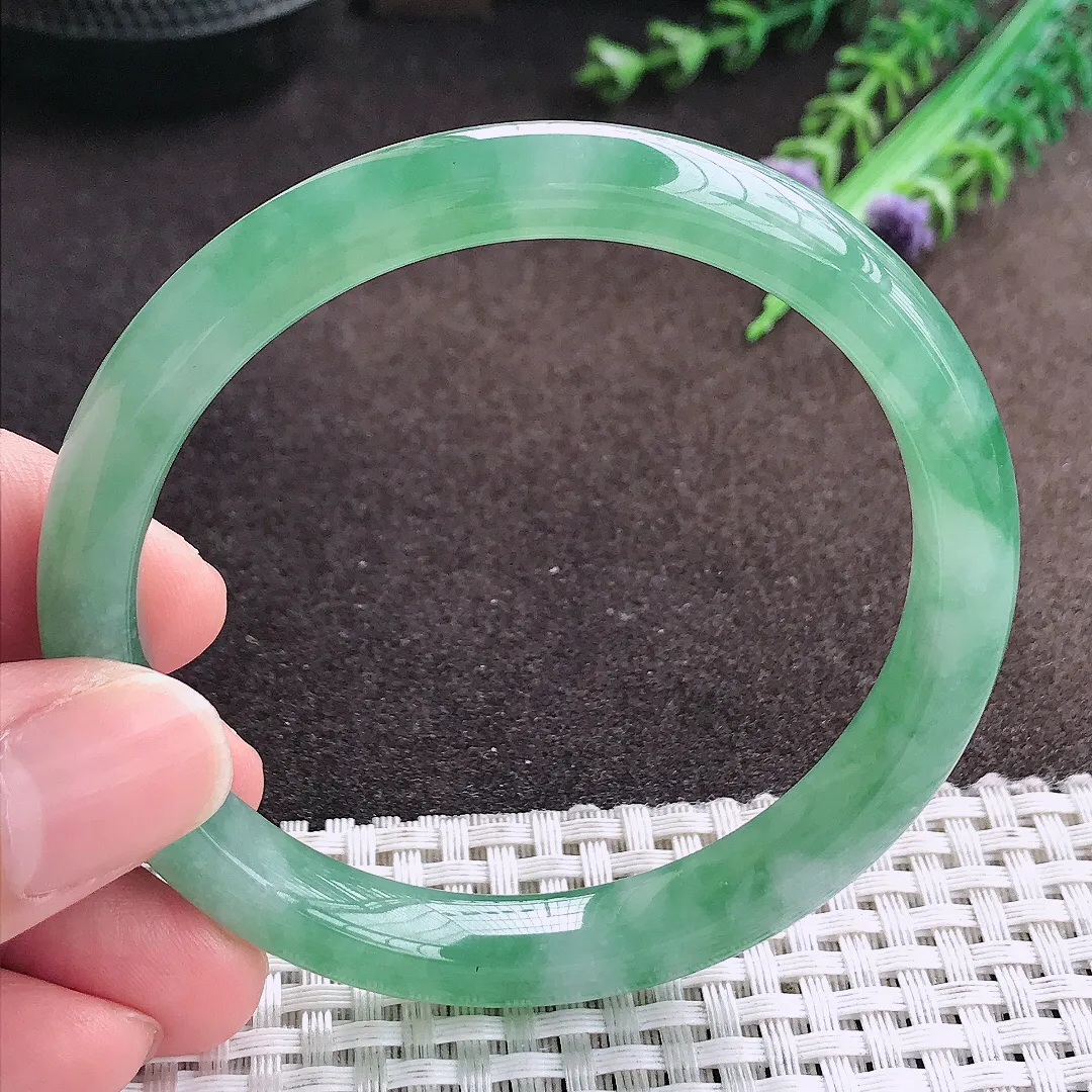 天然a货翡翠58.8/9.2/7.5老坑冰胶果冻冰晴满绿手镯宽边翡翠玉镯美人镯