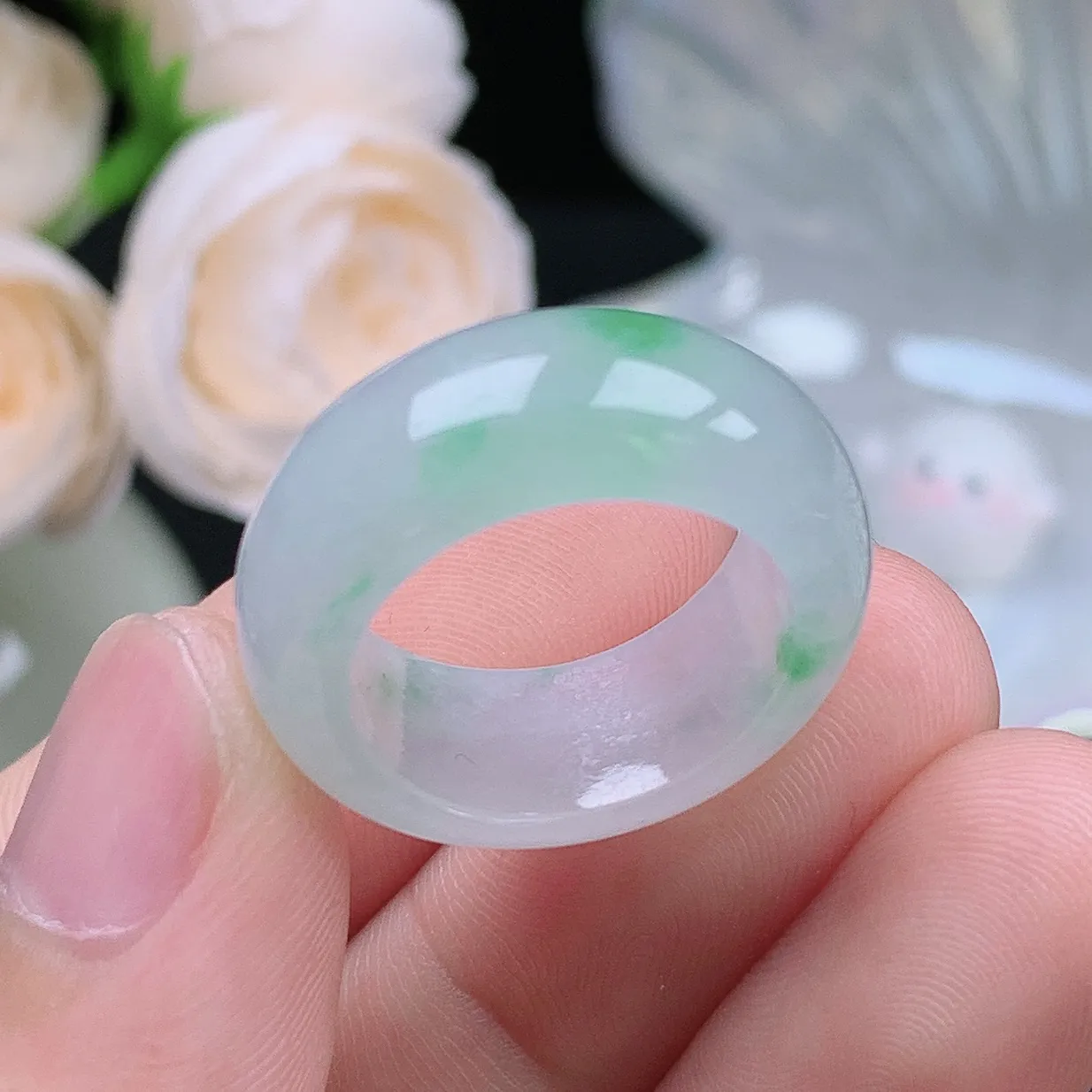 缅甸翡翠老坑冰种水润起胶轮胎飘绿戒指玉指环  水润通透 尺寸：17.5-9.1-4.1mm 15-16号圈口2S