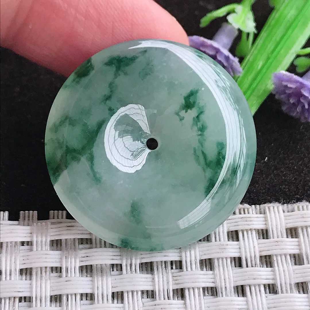 天然a货翡翠29.4/5.5老坑冰胶水灵飘花平安扣吊坠翡翠玉扣挂件百搭