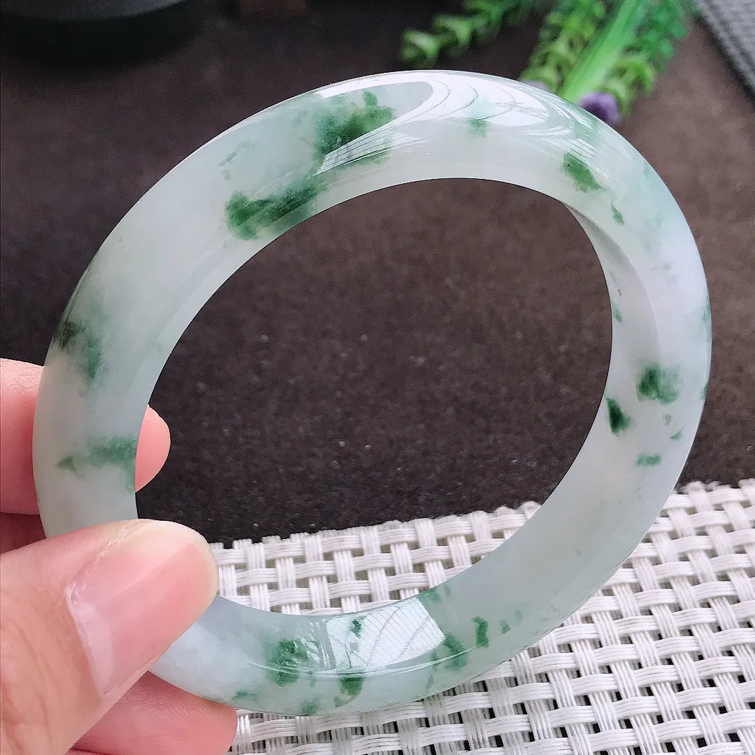 天然a货翡翠61.5/12.8/9.3老坑冰胶果冻飘花手镯大圈口宽边翡翠玉镯