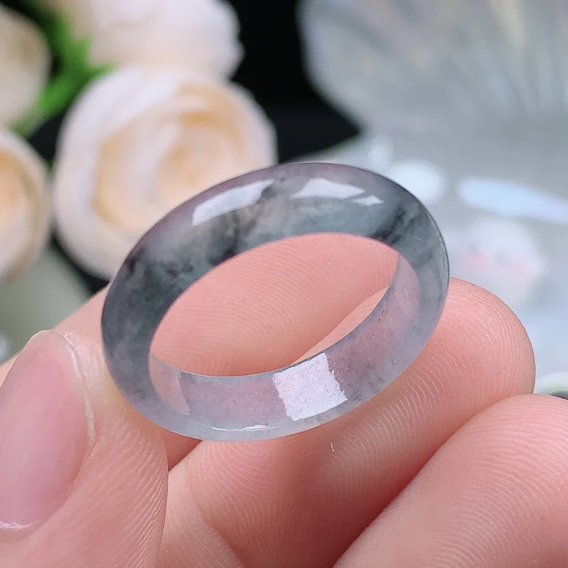 缅甸翡翠老坑冰种水润起胶冰乌鸡戒指玉指环  水润通透 尺寸：18.3-5.4-2.8mm 18号圈口2S