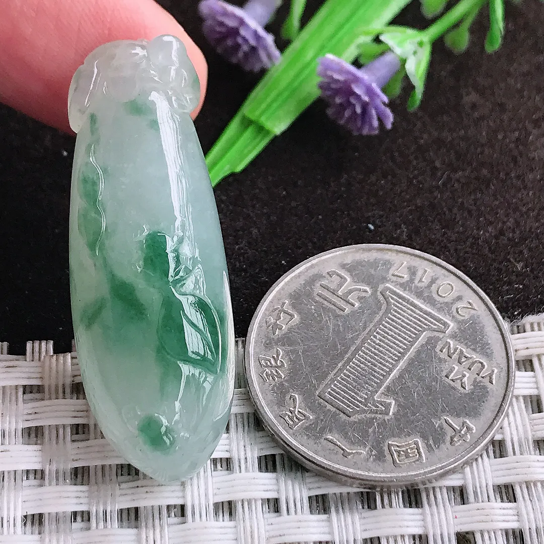 天然a货翡翠39.6/14/9.9老坑冰胶水灵飘花福瓜吊坠翡翠玉坠挂件百搭