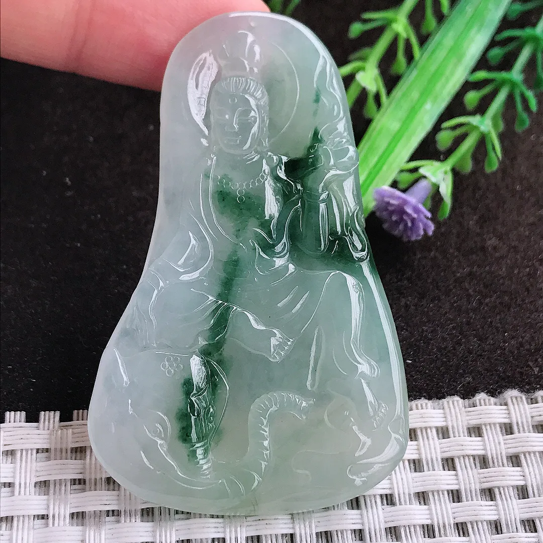 天然a货翡翠60.5/38/5.5老坑冰胶果冻飘花普贤菩萨吊坠翡翠玉坠挂件百搭