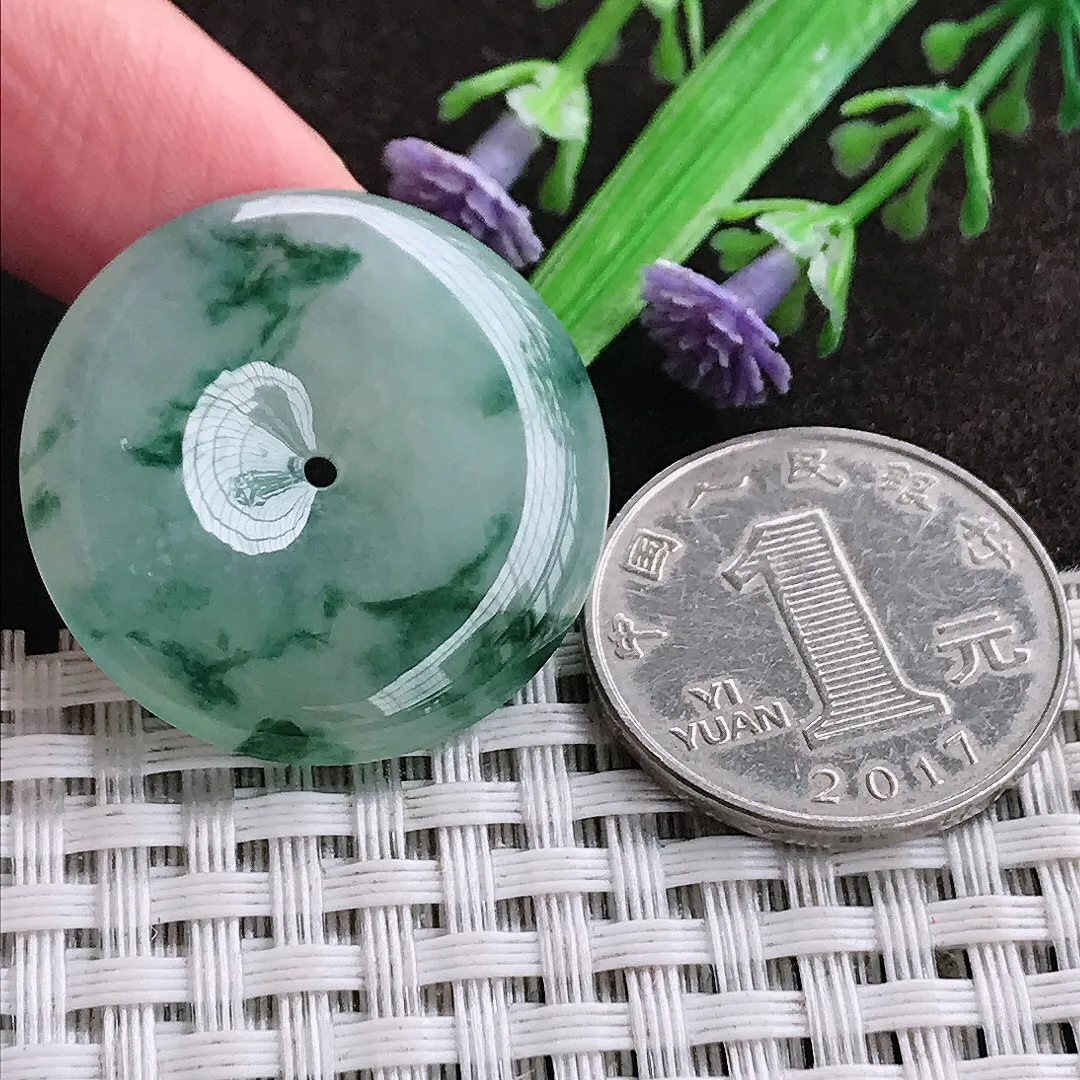 天然a货翡翠29.4/5.5老坑冰胶水灵飘花平安扣吊坠翡翠玉扣挂件百搭