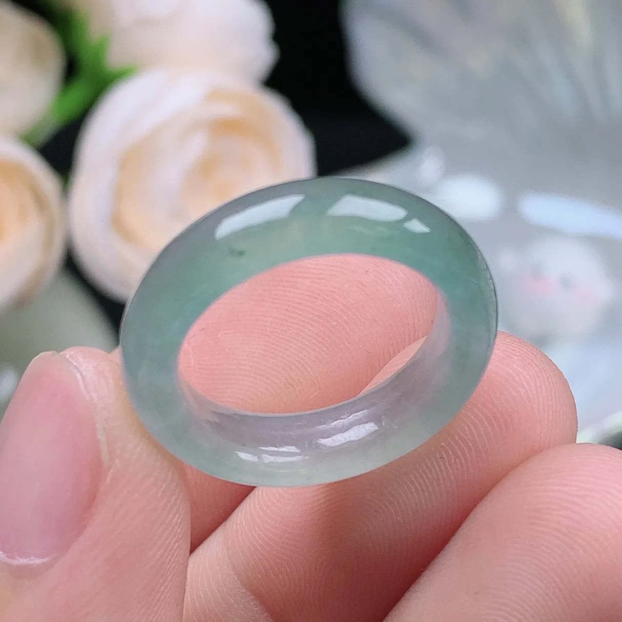 缅甸翡翠老坑冰种水润起胶飘花戒指玉指环  水润通透 尺寸：16.9-5.4-3.7mm 13-14号