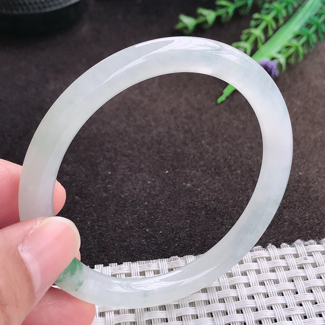 天然a货翡翠58.5/7.2/8老坑冰透起胶飘花圆条手镯翡翠玉镯美人镯