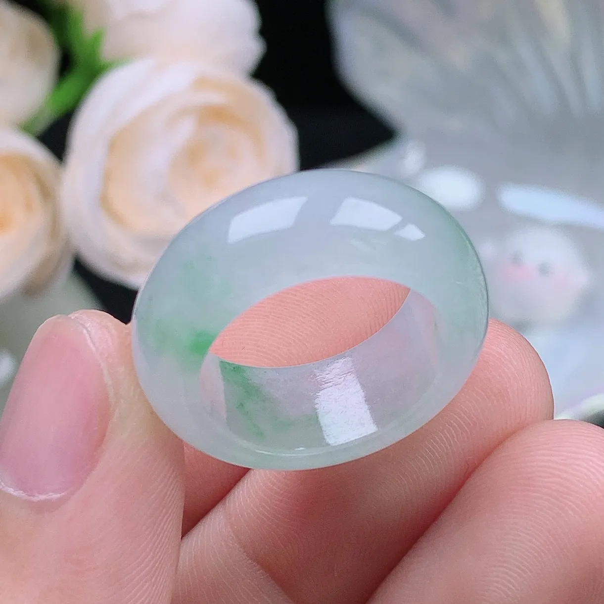 缅甸翡翠老坑冰种水润起胶轮胎飘绿戒指玉指环  水润通透 尺寸：17.5-9.1-4.1mm 15-16号圈口2S