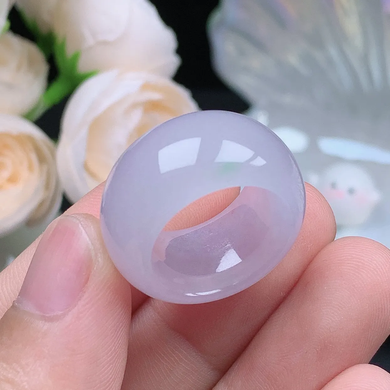 缅甸翡翠老坑冰种水润起胶紫罗兰春彩宽轮胎小圈戒指玉指环  水润通透 尺寸：16.7-12.8-5mm 10号圈口2S