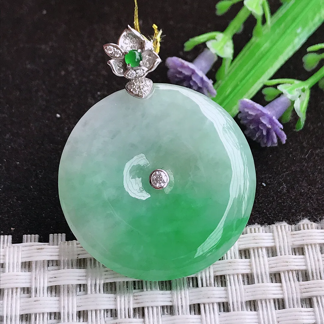 天然a货翡翠29.6/5.2老坑18k金镶嵌冰润飘阳绿平安扣吊坠翡翠玉坠挂件百搭