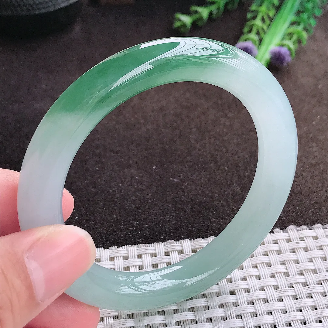 自然光55/10.3/10老坑冰胶果冻半山半水圆条手镯翡翠玉镯美人镯