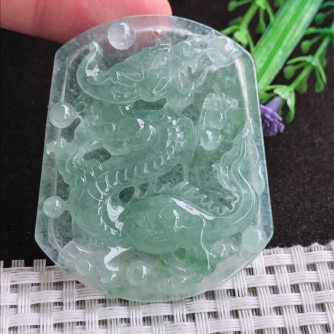 天然a货翡翠54.2/45/6老坑冰种果冻胶冰晴绿龙牌吊坠翡翠玉坠挂件百搭