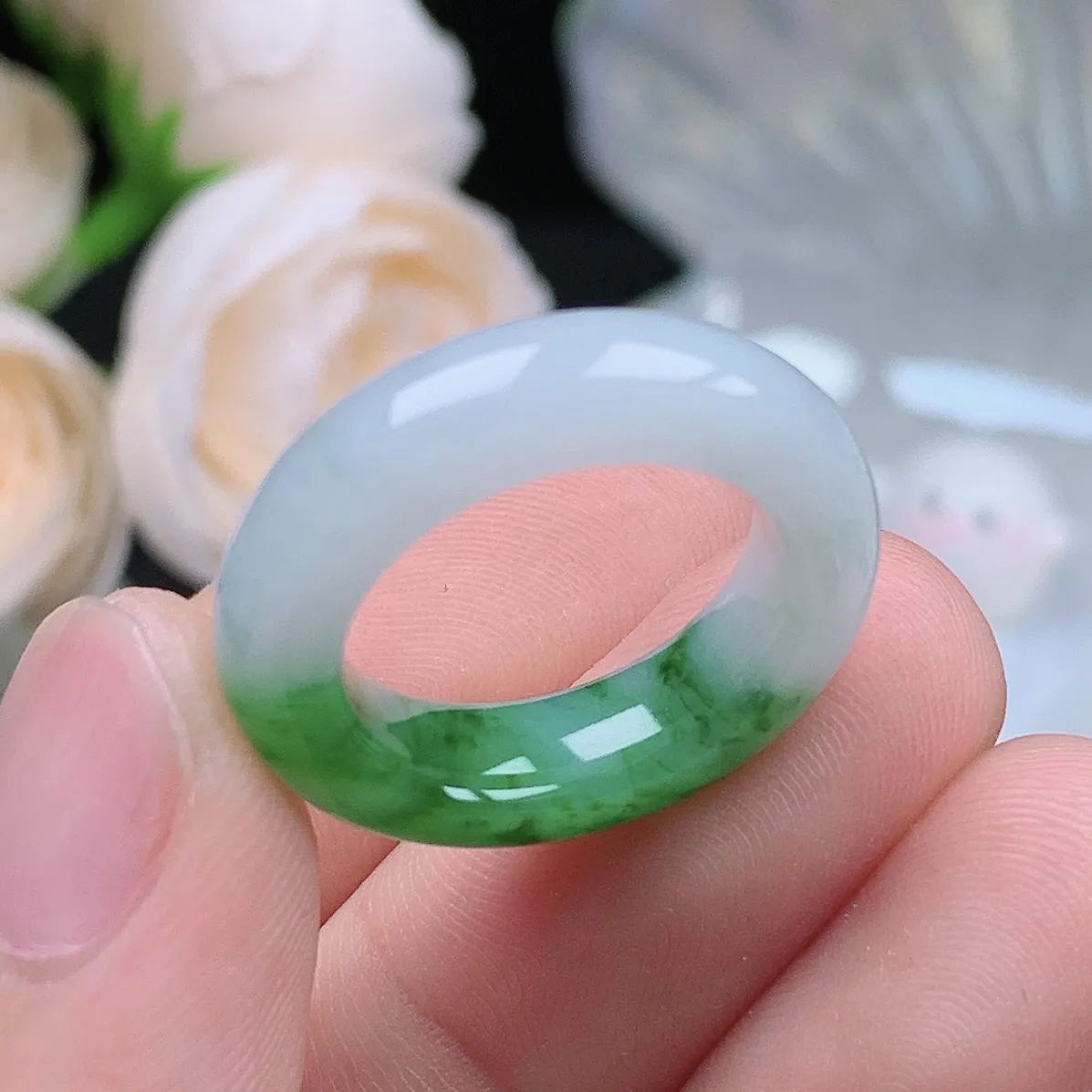 缅甸翡翠老坑种水润半山水飘阳绿戒指玉指环  水润通透 尺寸：16-5.9-4.6mm 11号圈口2S