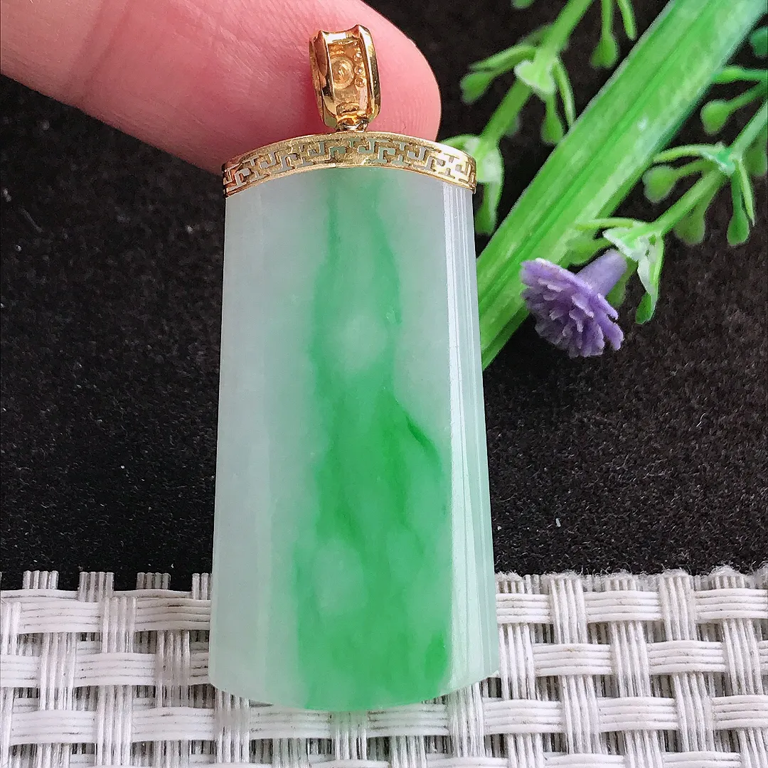 天然a货翡翠39.5/20.5/3.8老坑18k金镶嵌飘阳绿无事牌吊坠翡翠玉坠挂件百搭