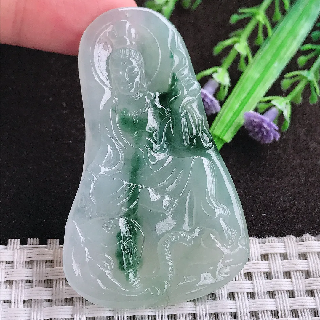 天然a货翡翠60.5/38/5.5老坑冰胶果冻飘花普贤菩萨吊坠翡翠玉坠挂件百搭