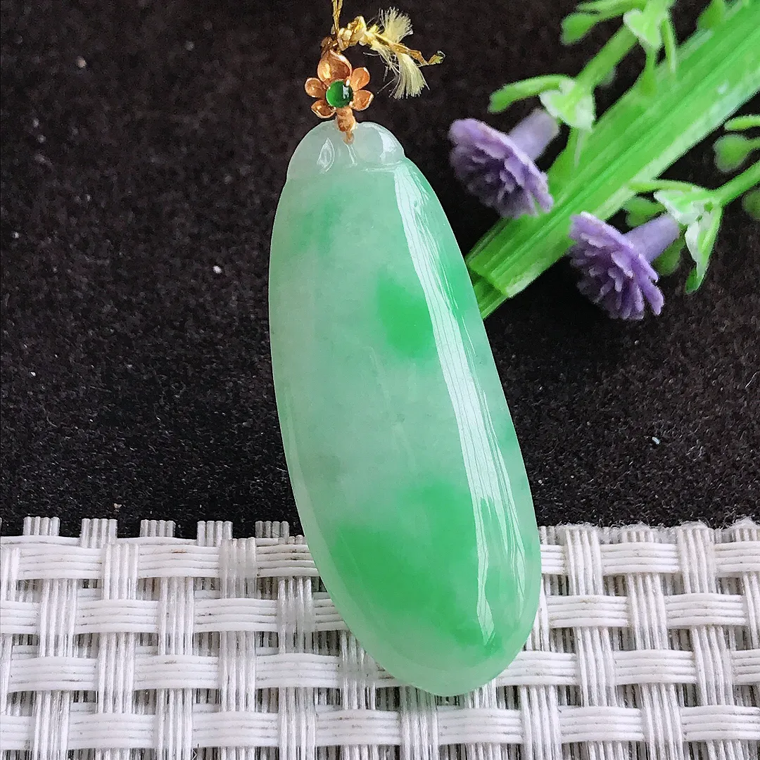 天然a货翡翠39.5/15.8/4.5老坑18k金镶嵌飘阳绿福瓜吊坠翡翠玉坠挂件百搭