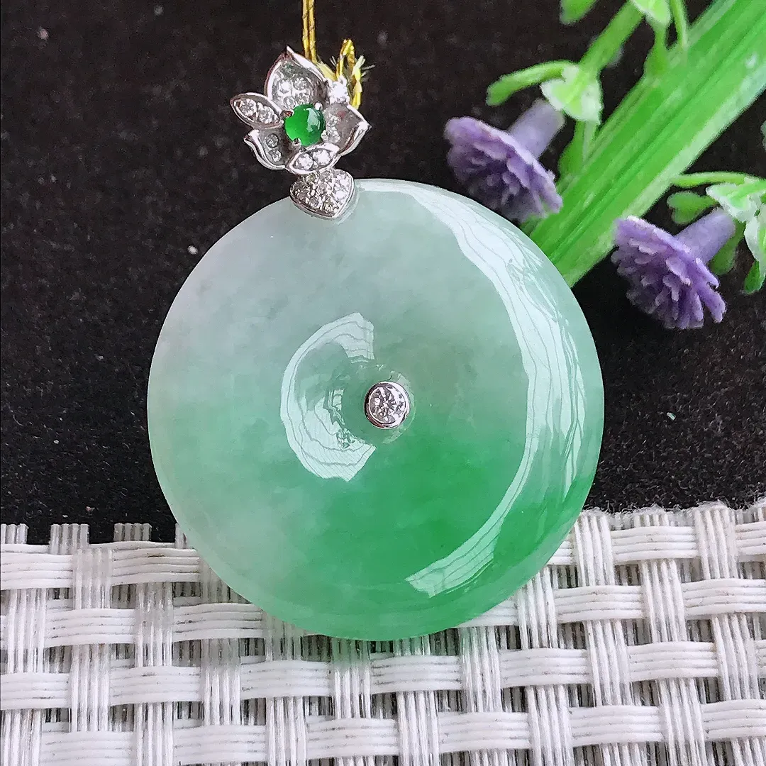 天然a货翡翠29.6/5.2老坑18k金镶嵌冰润飘阳绿平安扣吊坠翡翠玉坠挂件百搭