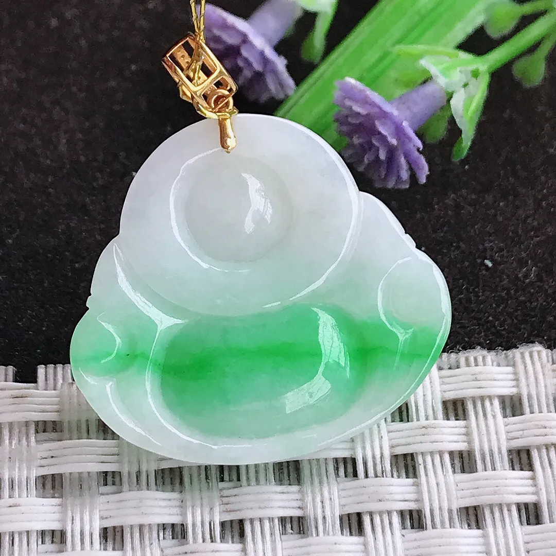 天然a货翡翠24/26.7/5.8老坑18k金镶嵌温润飘阳绿佛公吊坠翡翠玉坠挂件百搭