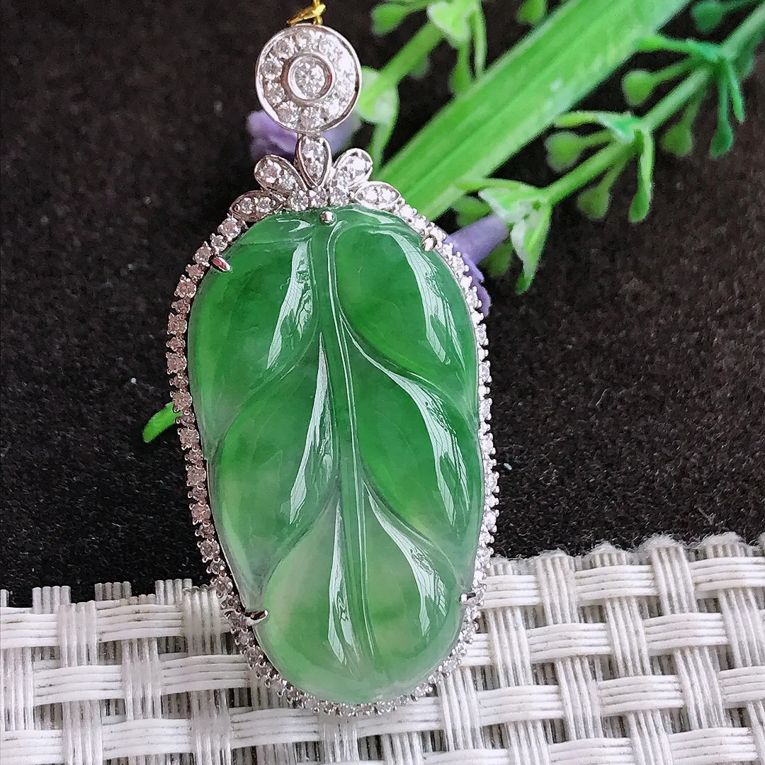 天然a货翡翠45.6/21.3/7.2老坑18k金镶嵌冰种阳绿叶子吊坠翡翠玉坠挂件百搭