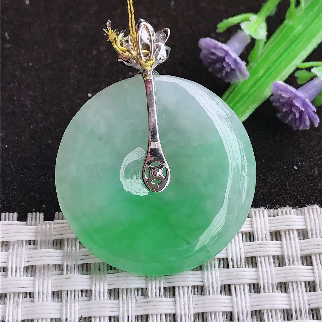 天然a货翡翠29.6/5.2老坑18k金镶嵌冰润飘阳绿平安扣吊坠翡翠玉坠挂件百搭