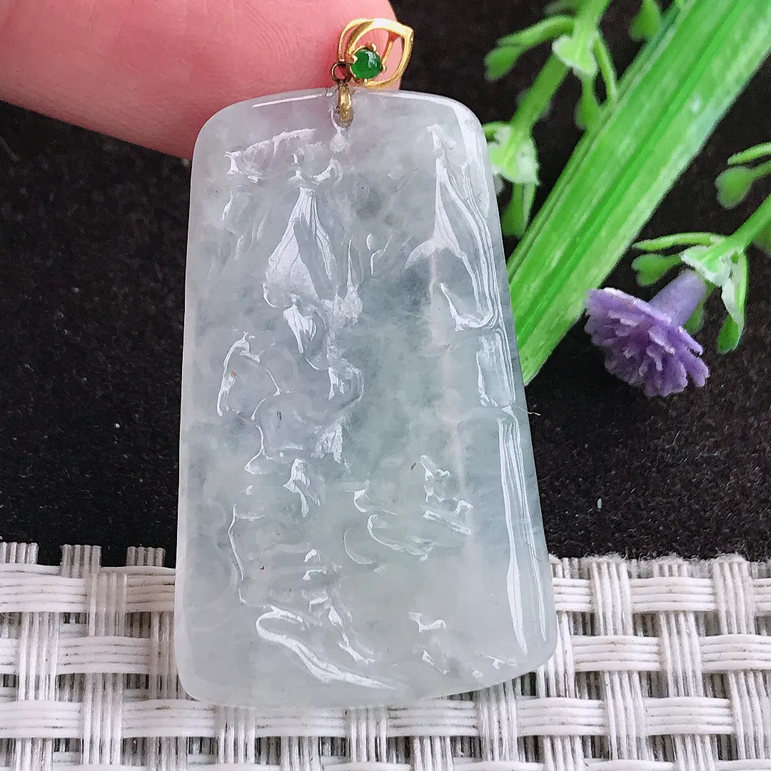 天然a货翡翠38.8/24.3/3.8老坑18k金镶嵌冰透山水牌吊坠翡翠玉坠挂件百搭