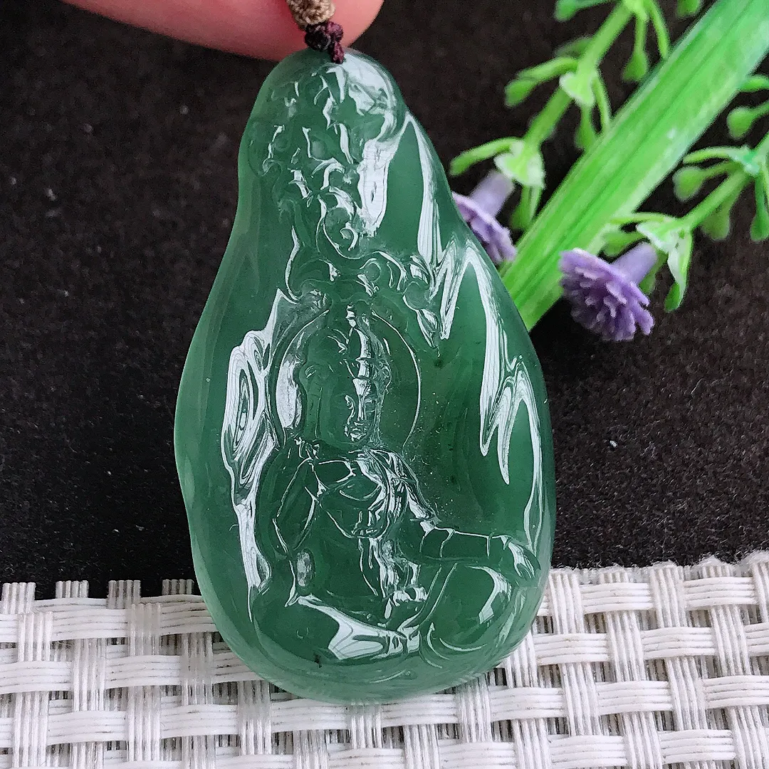 天然a货翡翠50/29.5/4.8老坑冰胶水灵满色蓝韵赐福观音吊坠翡翠玉坠挂件百搭