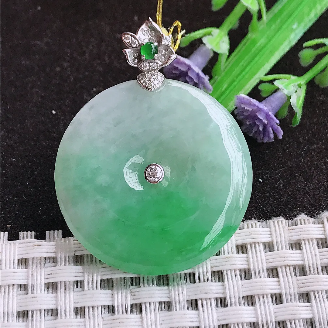 天然a货翡翠29.6/5.2老坑18k金镶嵌冰润飘阳绿平安扣吊坠翡翠玉坠挂件百搭