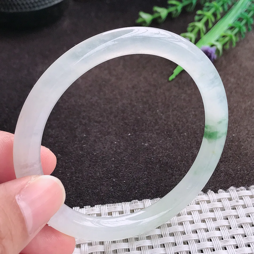 天然a货翡翠58.5/7.2/8老坑冰透起胶飘花圆条手镯翡翠玉镯美人镯