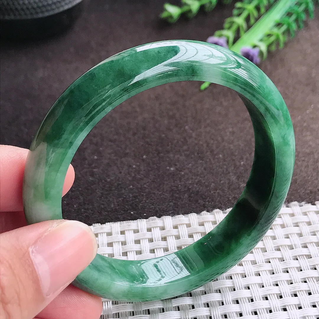 天然a货翡翠56.5/12.7/8老坑精美温润飘花手镯宽边翡翠玉镯美人镯