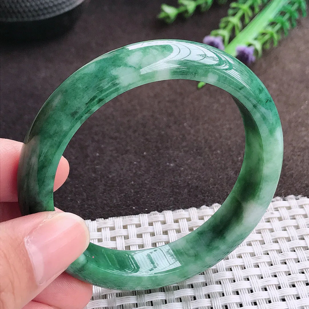 天然a货翡翠56.5/12.7/8老坑精美温润飘花手镯宽边翡翠玉镯美人镯