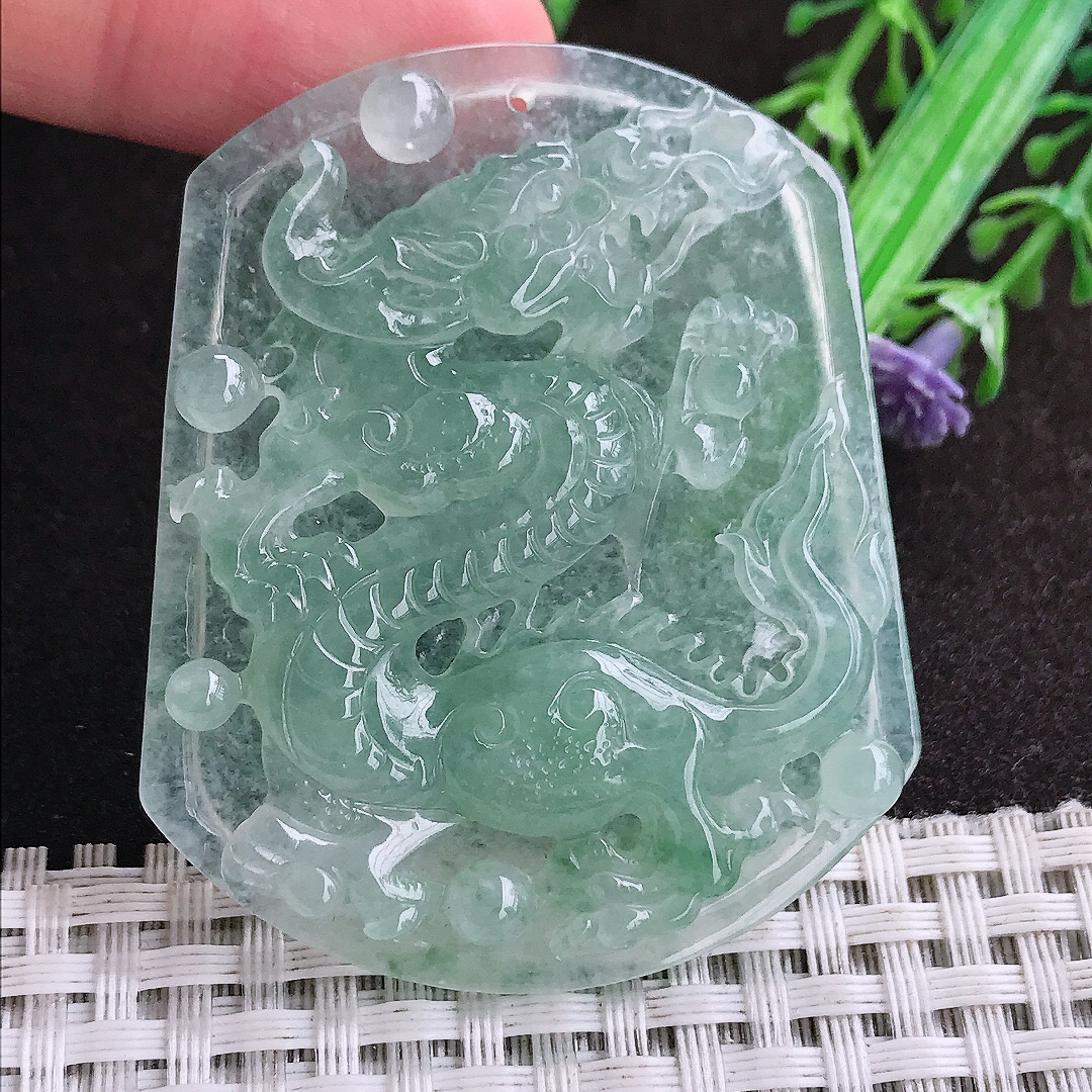 天然a货翡翠54.2/45/6老坑冰种果冻胶冰晴绿龙牌吊坠翡翠玉坠挂件百搭