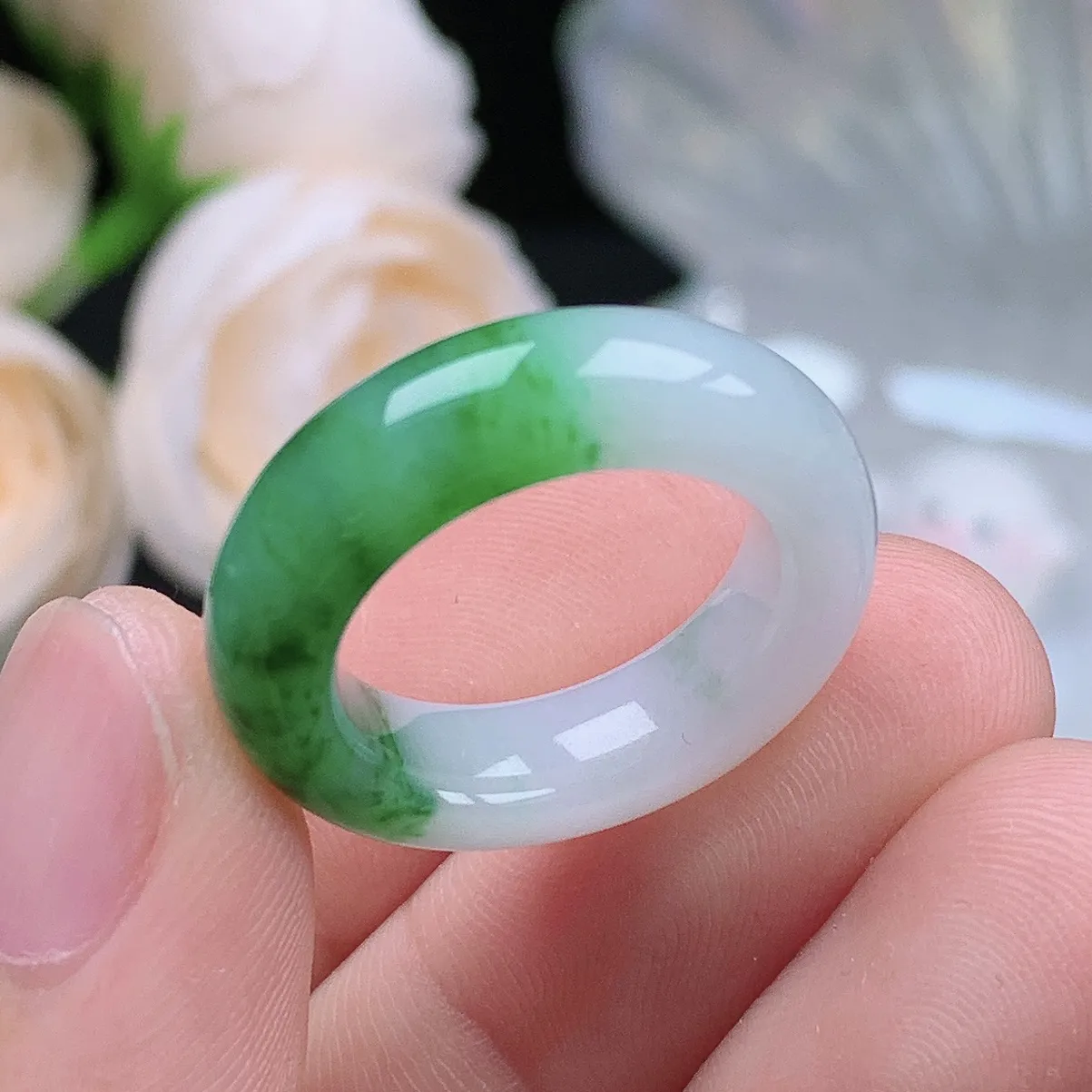 缅甸翡翠老坑种水润半山水飘阳绿戒指玉指环  水润通透 尺寸：16-5.9-4.6mm 11号圈口2S