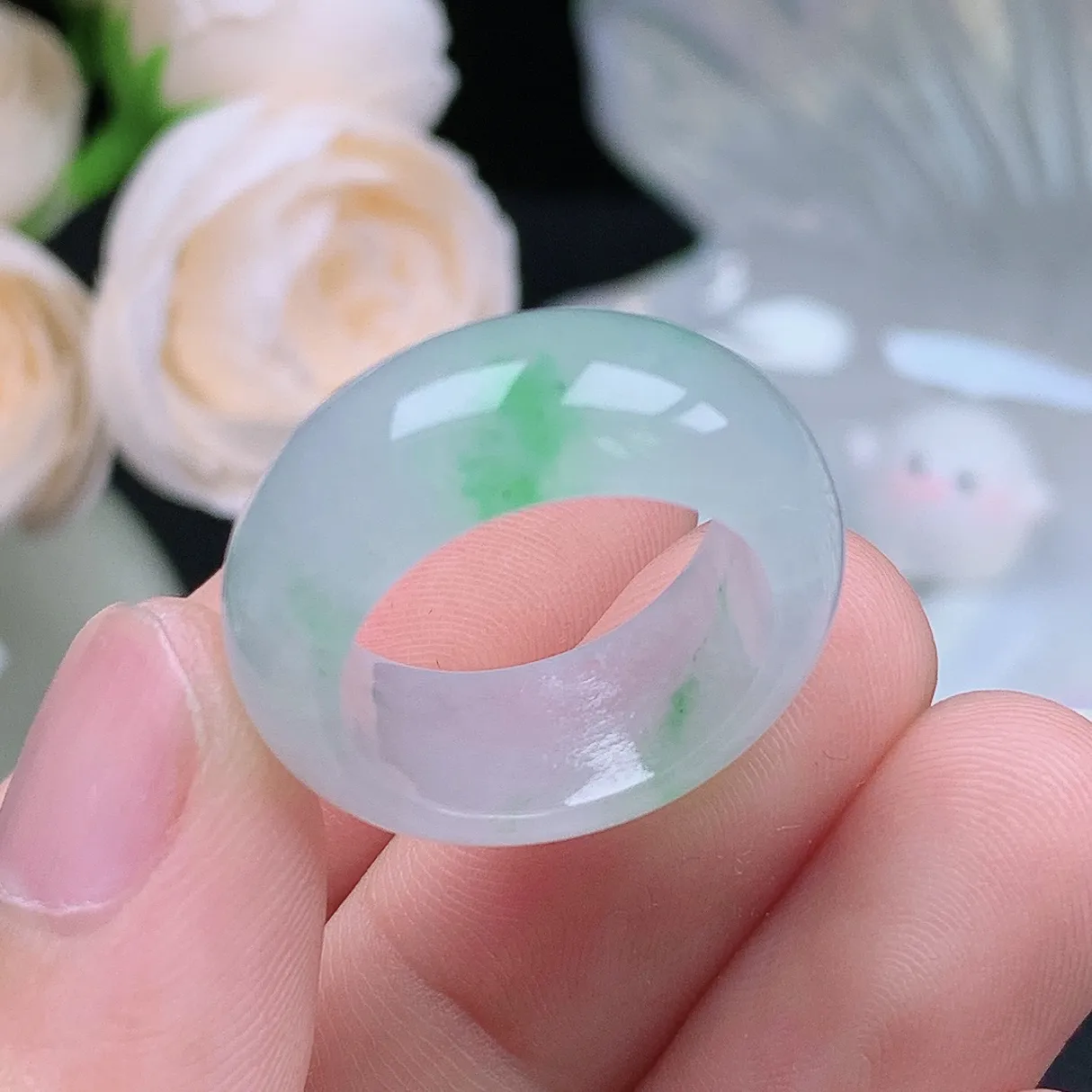 缅甸翡翠老坑冰种水润起胶轮胎飘绿戒指玉指环  水润通透 尺寸：17.5-9.1-4.1mm 15-1