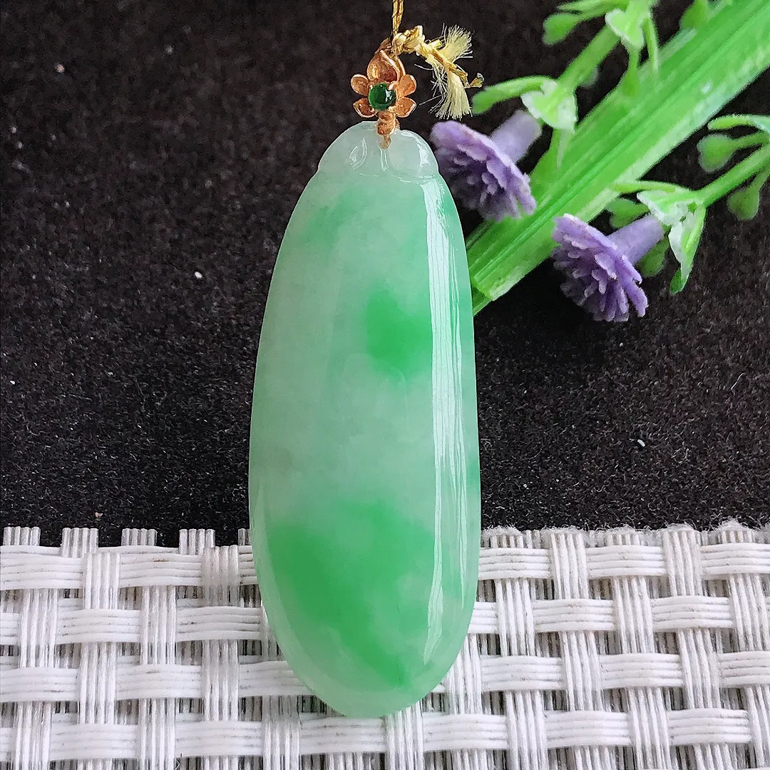 天然a货翡翠39.5/15.8/4.5老坑18k金镶嵌飘阳绿福瓜吊坠翡翠玉坠挂件百搭