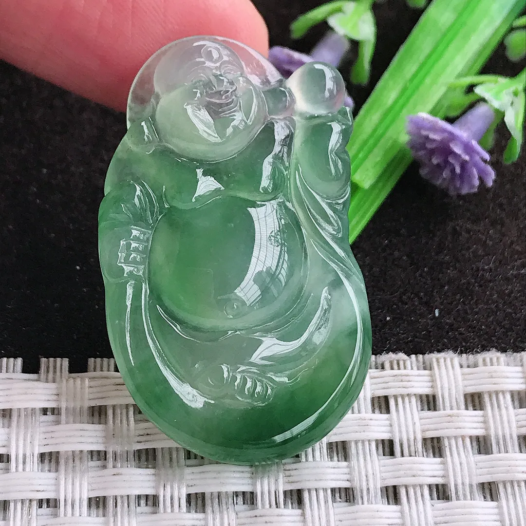 天然a货翡翠36.8/22.5/5.4老坑冰种果冻胶满绿布袋佛吊坠翡翠玉坠挂件百搭