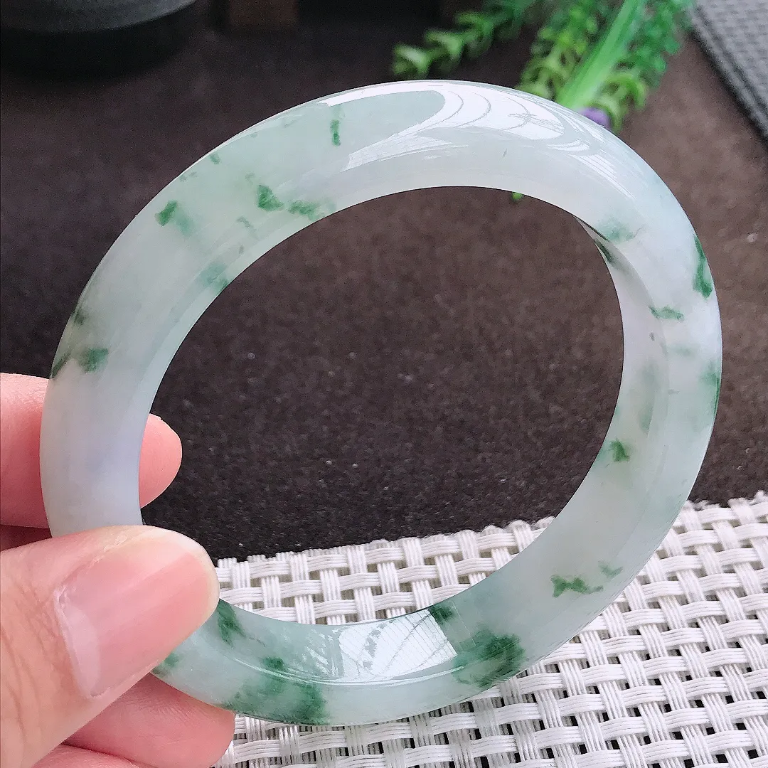 天然a货翡翠61.5/12.8/9.3老坑冰胶果冻飘花手镯大圈口宽边翡翠玉镯