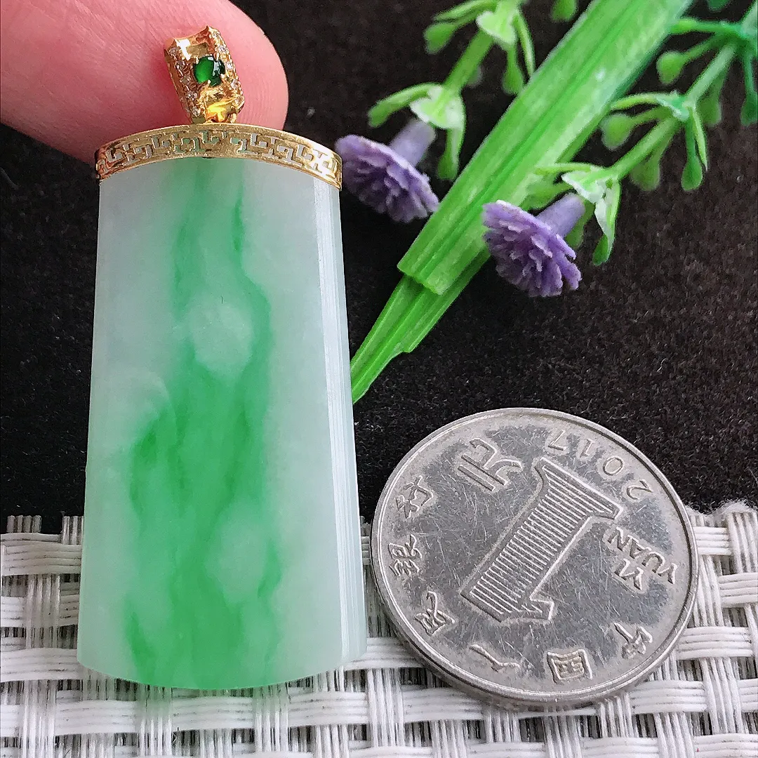 天然a货翡翠39.5/20.5/3.8老坑18k金镶嵌飘阳绿无事牌吊坠翡翠玉坠挂件百搭