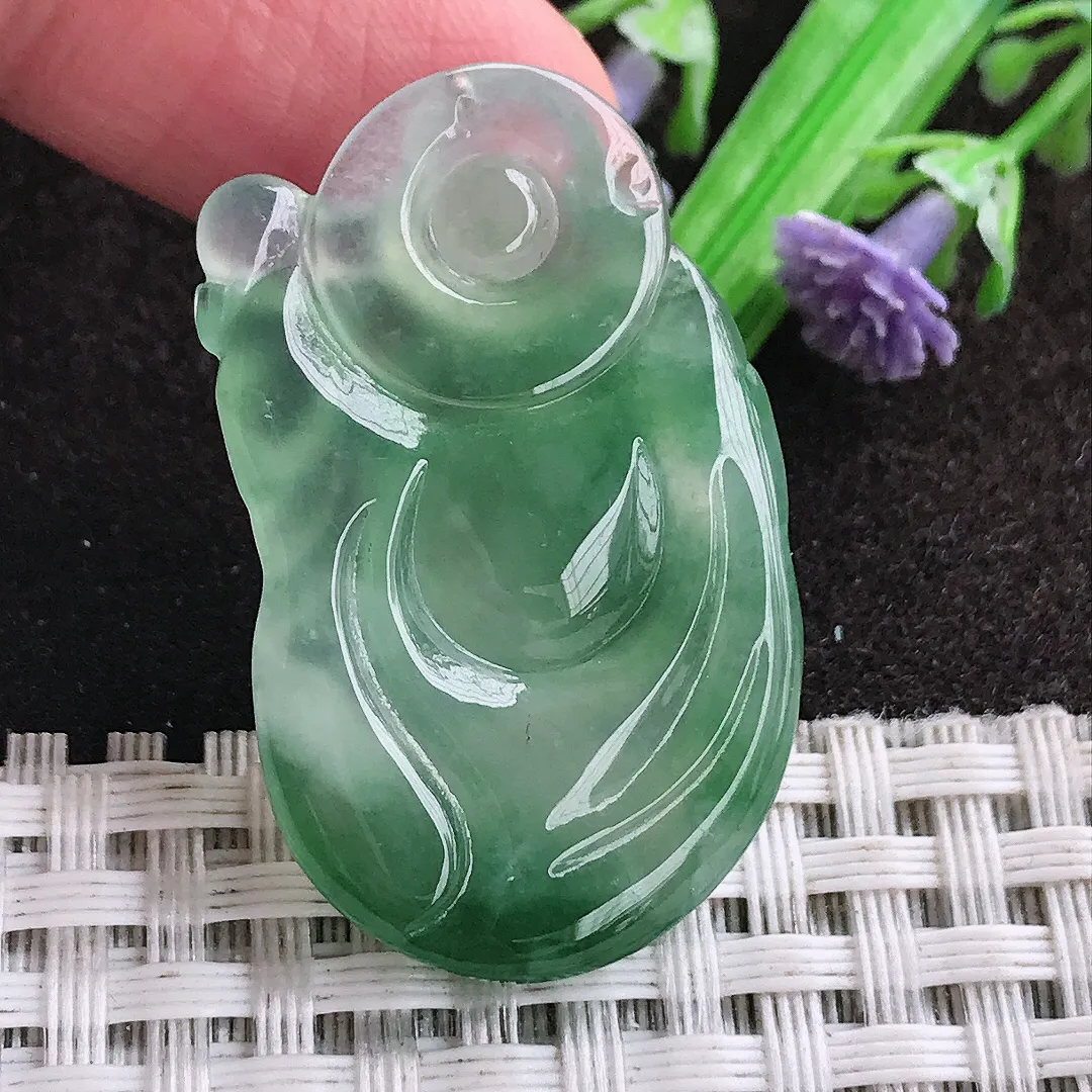 天然a货翡翠36.8/22.5/5.4老坑冰种果冻胶满绿布袋佛吊坠翡翠玉坠挂件百搭