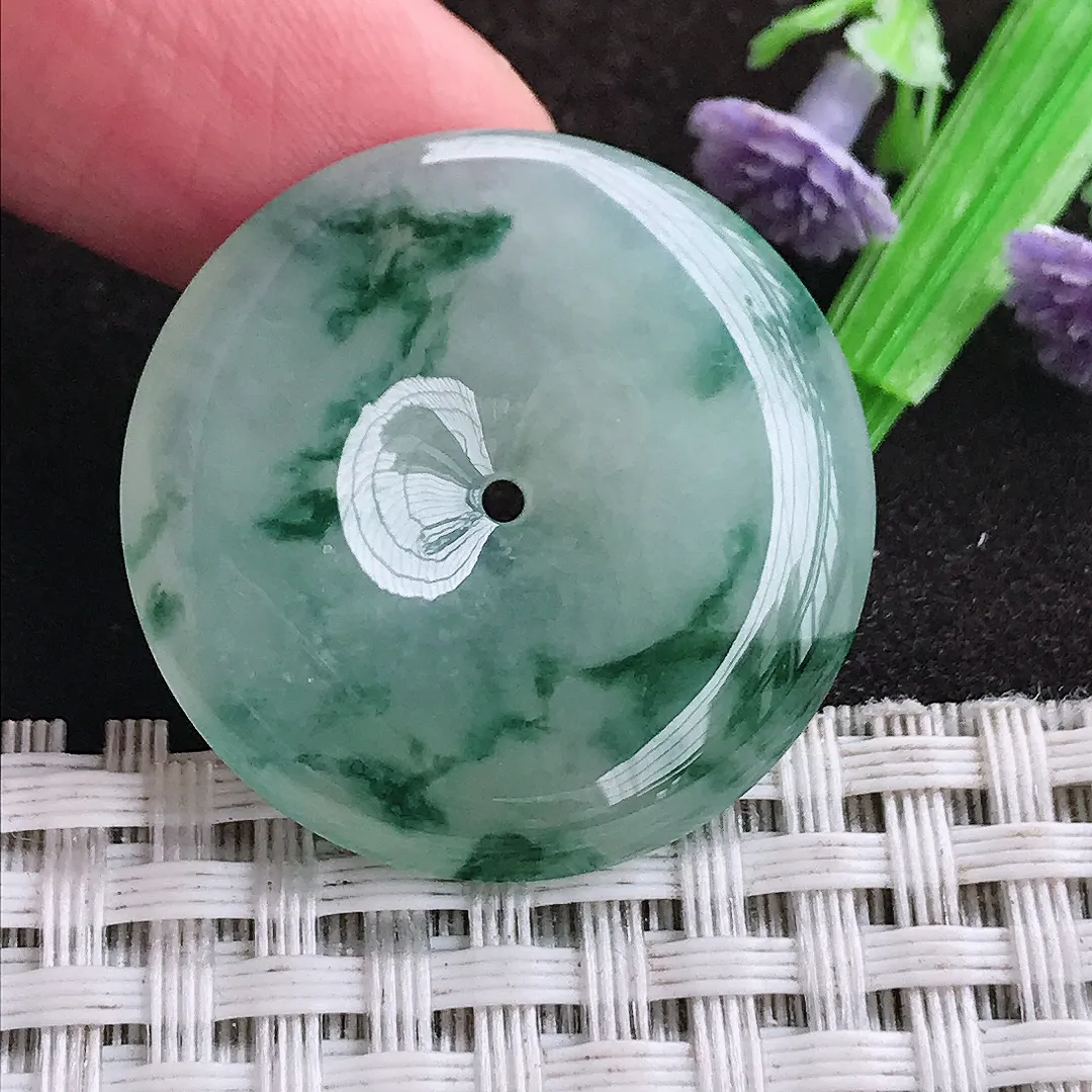 天然a货翡翠29.4/5.5老坑冰胶水灵飘花平安扣吊坠翡翠玉扣挂件百搭