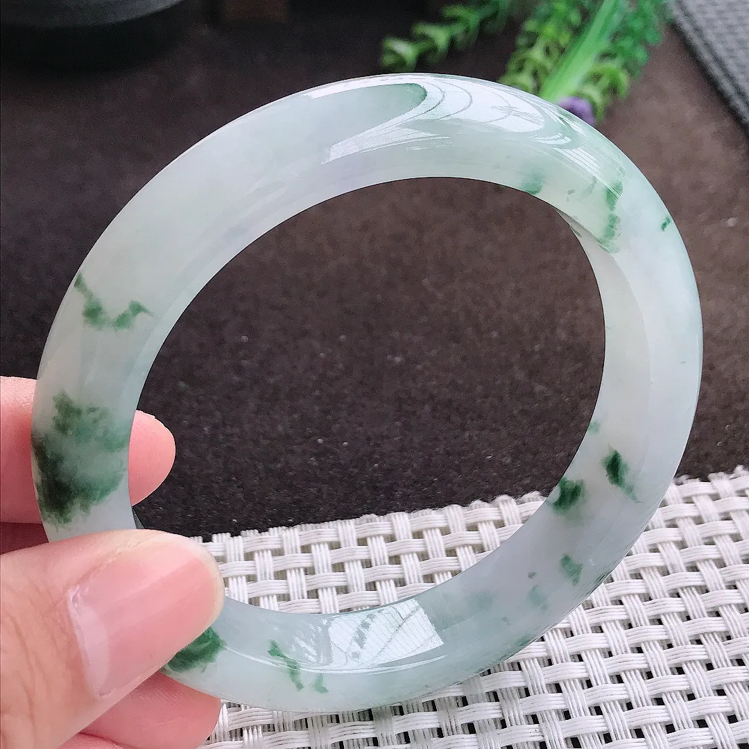 天然a货翡翠61.5/12.8/9.3老坑冰胶果冻飘花手镯大圈口宽边翡翠玉镯