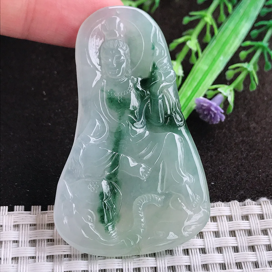 天然a货翡翠60.5/38/5.5老坑冰胶果冻飘花普贤菩萨吊坠翡翠玉坠挂件百搭