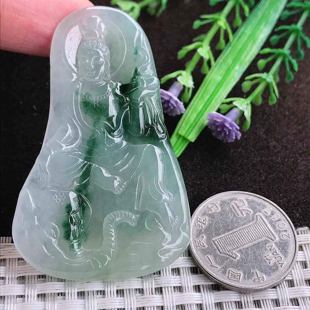 天然a货翡翠60.5/38/5.5老坑冰胶果冻飘花普贤菩萨吊坠翡翠玉坠挂件百搭