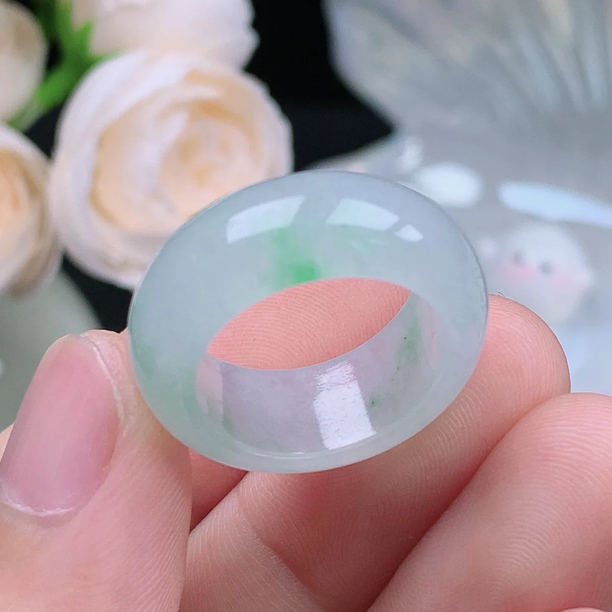 缅甸翡翠老坑冰种水润起胶轮胎飘绿戒指玉指环  水润通透 尺寸：17.5-9.1-4.1mm 15-16号圈口2S