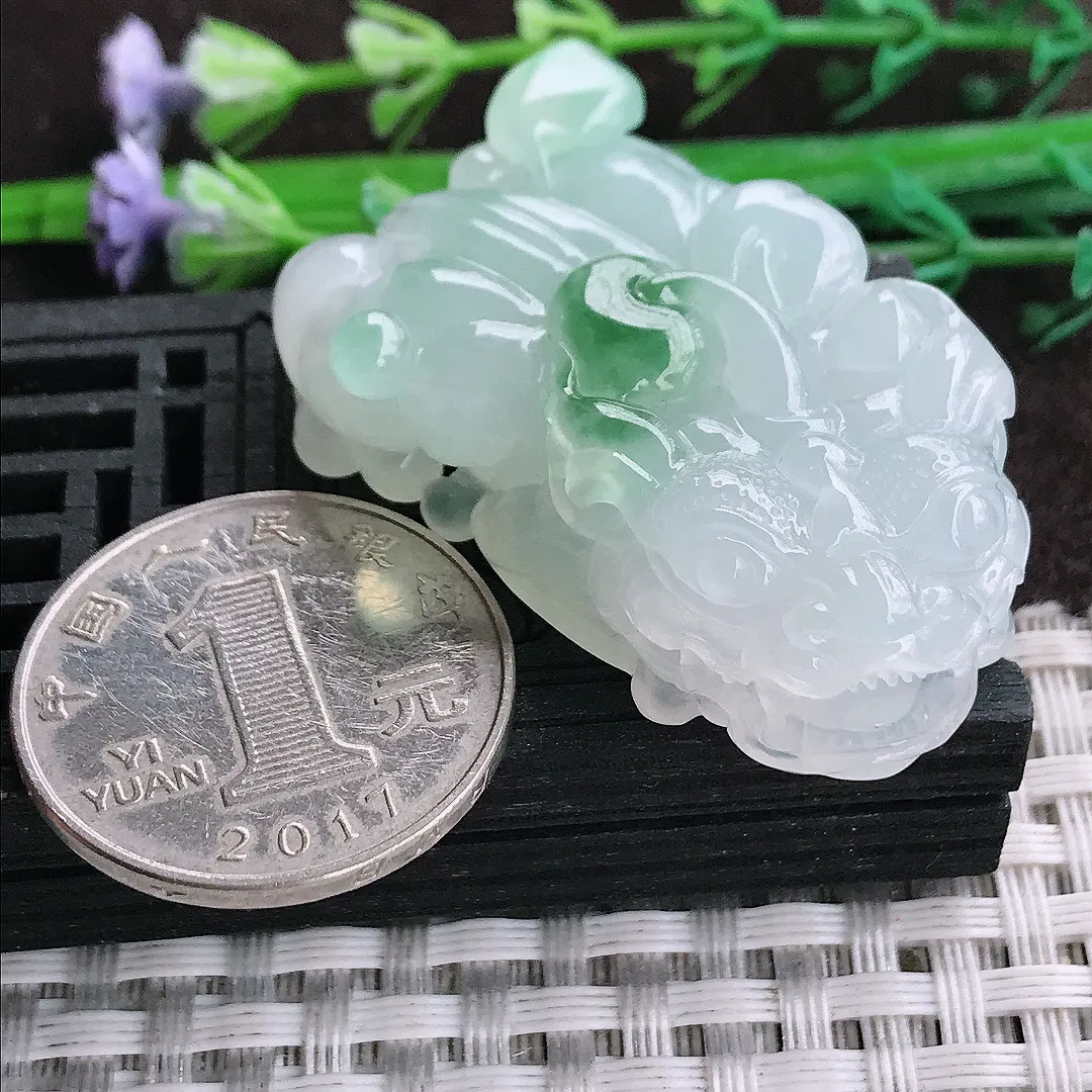 天然a货翡翠44.4/25.8/13老坑冰胶果冻飘花貔貅吊坠翡翠玉坠挂件百搭