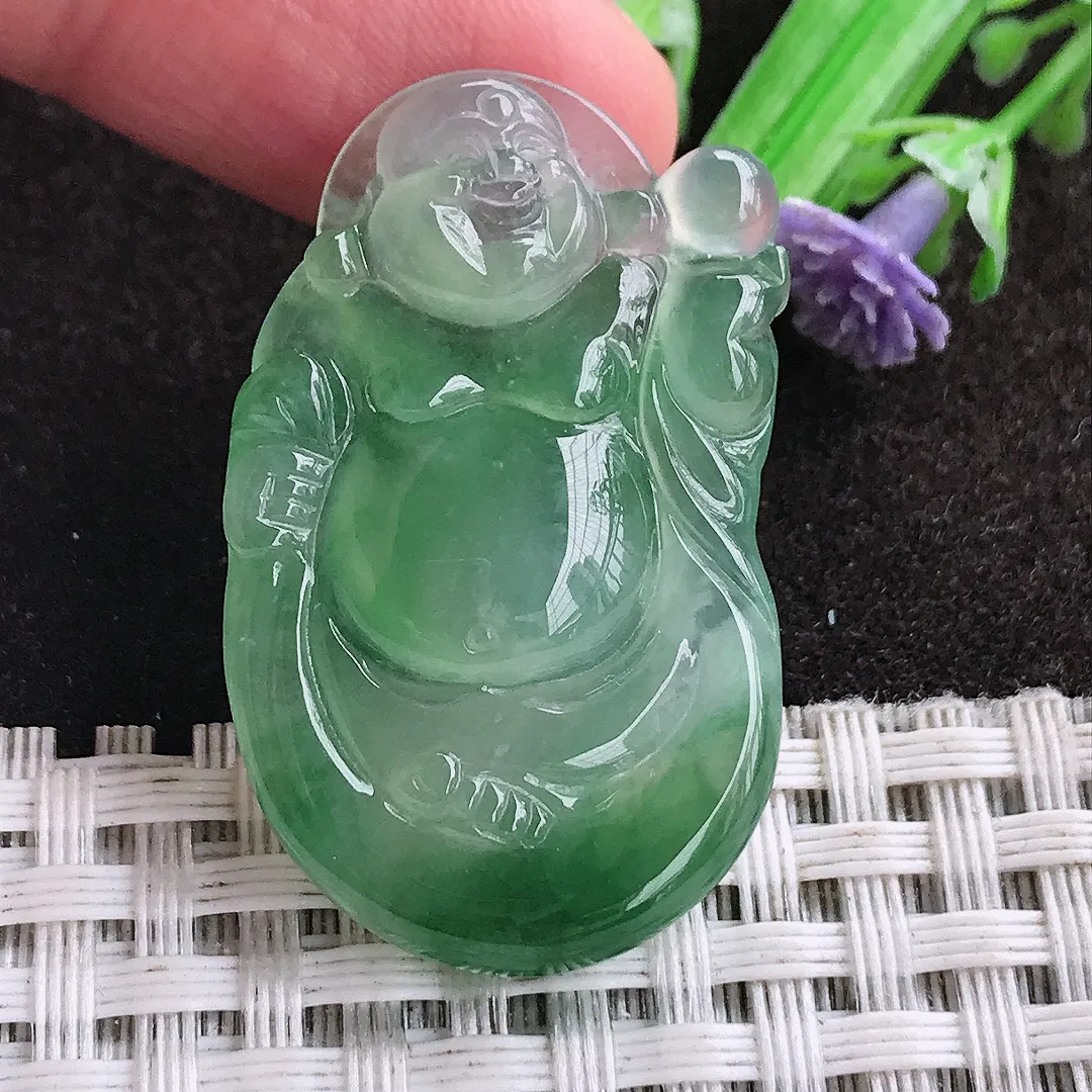 天然a货翡翠36.8/22.5/5.4老坑冰种果冻胶满绿布袋佛吊坠翡翠玉坠挂件百搭